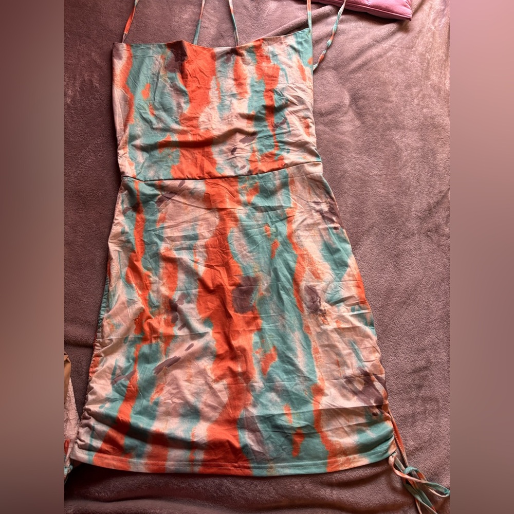SHEIN Orange Green Ruched Mini Sundress